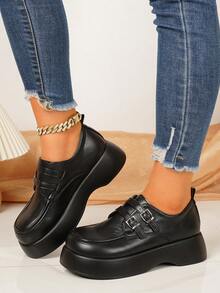 Women's New All-Season Thick Sole Loafers, Round Toe Slip-On, Minimalist Fashion Campus Style, Solid Color - Black - View 2