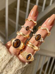 8pcs Vintage Elegant Old Money Style Tiger Eye Stone Teardrop Rhinestone Stacked Ring Set For Women, Suitable For Daily Wear, Party, Date, Evening Banquet, Perfect Gift Choice - Brown - View 2