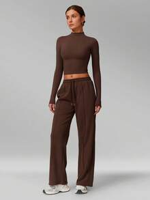 MFVIM Women's Autumn/Winter New Fitted Top + Wide Leg Pants 2-Piece Set, Versatile Soft Fabric - Coffee Brown - View 7