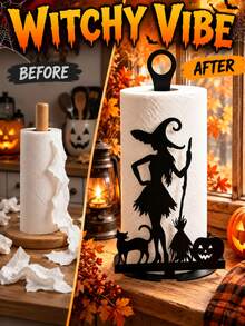 Vintage Witch Kitchen Countertop Paper Towel Holder, Sturdy Mini Metal Towel Rack, Halloween Decor, Paper Roll Holder Storage Rack, Home Bedroom Room Decoration, Office Desk, Car Interior Bathroom Kitchen Accessories Organizer - Black - View 3