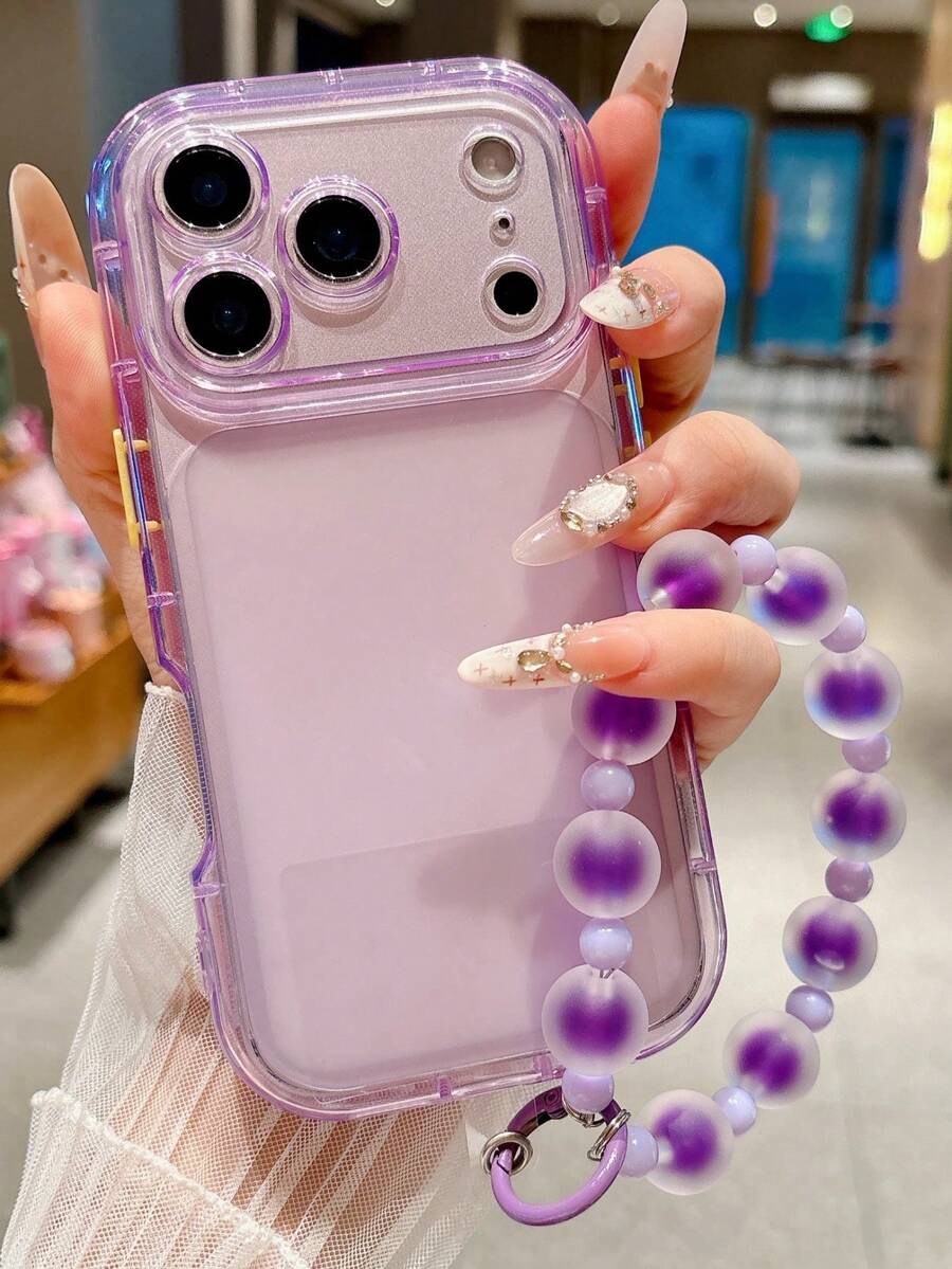 Y2K 簡約可愛啞光透明手鍊掛繩手機殼,相容 iPhone 18 Pro Max 18 Pro 17 Pro Max 17 Pro 17 16 Pro Max 16 Pro 16 15 Pro Max 15 Pro 14 Pro Max 14 PLUS 14 13 12,鏡頭保護軟背殼 - 紫色磨砂透明 - 查看 1