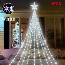 Christmas Outdoor Night Scene Decorative Lights, Solar Powered Christmas Tree Star Waterfall Lights. Top Features Exquisite Five-Pointed Star Light Head, 2M Specification, 9 Strands Of Light Lines With 198 LED Beads, Warm, Colorful, White Three Light Colors Available. Light Lines Naturally Drape To Form Waterfall Style, Presents Complete Christmas Tree Shape After Hanging, Excellent Atmosphere. - Christmas Tree Star Waterfall Lights - View 12