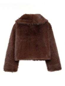 Women's Fashion Long Sleeve Faux Fur Coat, Regular Length Brown Open Front Warm Jacket, Suitable For Autumn/Winter Wear - Brown - View 11