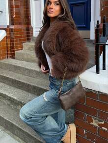 Women's Fashion Long Sleeve Faux Fur Coat, Regular Length Brown Open Front Warm Jacket, Suitable For Autumn/Winter Wear - Brown - View 3