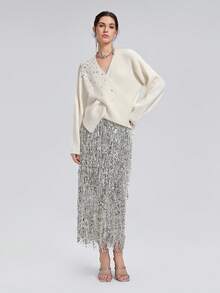 Rich Radi Q's Fashion Women's V-Neck Knit Top, Embellished With Sparkling Rhinestones, Long Sleeve, Unique Wrap Detail, Winter Fashion Outfit Choice - White - View 3