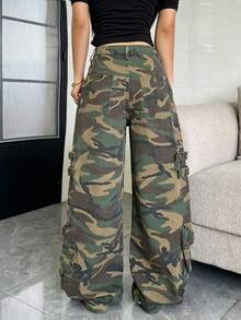 1pc Women's American Street Style Patchwork Multi-Pocket Cargo Wide Leg Camouflage Jeans Long Pants For All Seasons (Belt/Accessories Not Included) - Army Green - View 2