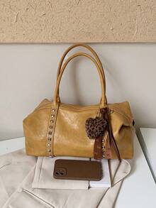 Women Retro Large Capacity Shoulder Bag, Letter Embossed Rivet Decor Hobo Handbag With Leopard Heart Pendant, Casual Commuter Underarm Tote Bag - Yellow - View 9
