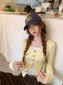 Sweet & Cute 2 In 1 Patchwork Long Sleeve T-Shirt, Women's Autumn Top - Yellow - View 3