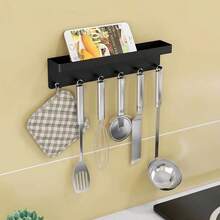 1pc Wall-Mounted Key Rack, Strong Adhesive Key Holder With 6 Hooks, Kitchen Storage Rack, Bathroom Organizer, Multifunctional Space Saving Wall Hanger For Keys, Clothes, Umbrella, Hallway Entryway Decor, Easy Install (Black, White) - Multicolor - View 8