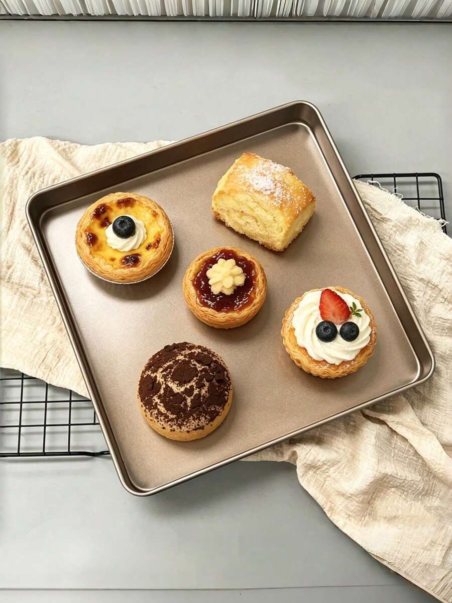 1PC Thickened 11-Inch Square Baking Pan, Gold Carbon Steel Baking Pan, Cake Roll Nougat Cookie Baking Mold, Non-Stick For Oven, Baking Tools, Baking Tray - Brown - View 1