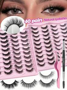 20 Pairs Natural Criss-Cross Full Face Mixed Style False Eyelashes, Slim Design, Suitable For Daily Wear, Manga Style, Travel Essential, Optional With Eyebrow Brush And Clip - Black - View 2