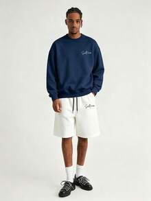 Men's Spring/Autumn Minimalist Architectural Print Letter Crew Neck Long Sleeve Sweatshirt And Shorts Casual Set - Navy Blue - View 2