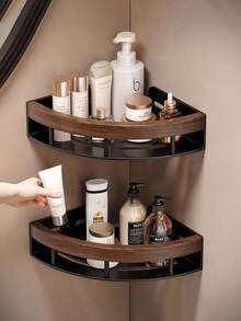 Walnut Wood Bathroom Corner Shelf, No-Drill Wall-Mounted Storage Rack For Shower, Washroom And Toilet - Multicolor - View 2