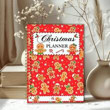 1pc 14*21cm Spiral Notebook, Red Gingerbread Man Seamless Pattern Christmas Planner Soft Cover Journal, Dot Grid Inner Pages, Holiday Organizer Notepad For Schedule & Gift List, Christmas Gift - Multicolor - View 1