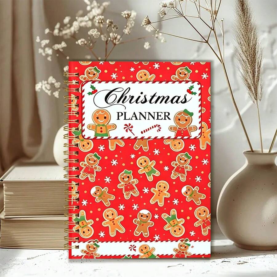1pc 14*21cm Spiral Notebook, Red Gingerbread Man Seamless Pattern Christmas Planner Soft Cover Journal, Dot Grid Inner Pages, Holiday Organizer Notepad For Schedule & Gift List, Christmas Gift - Multicolor - View 1