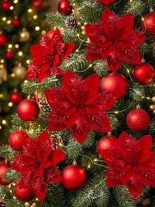 Glitter Poinsettia Christmas Tree Decoration Set - Suitable For Christmas Wreaths, Party Decor, Home Styling, Holiday Celebrations, And Gift Box Embellishments. - Dark Red - View 1