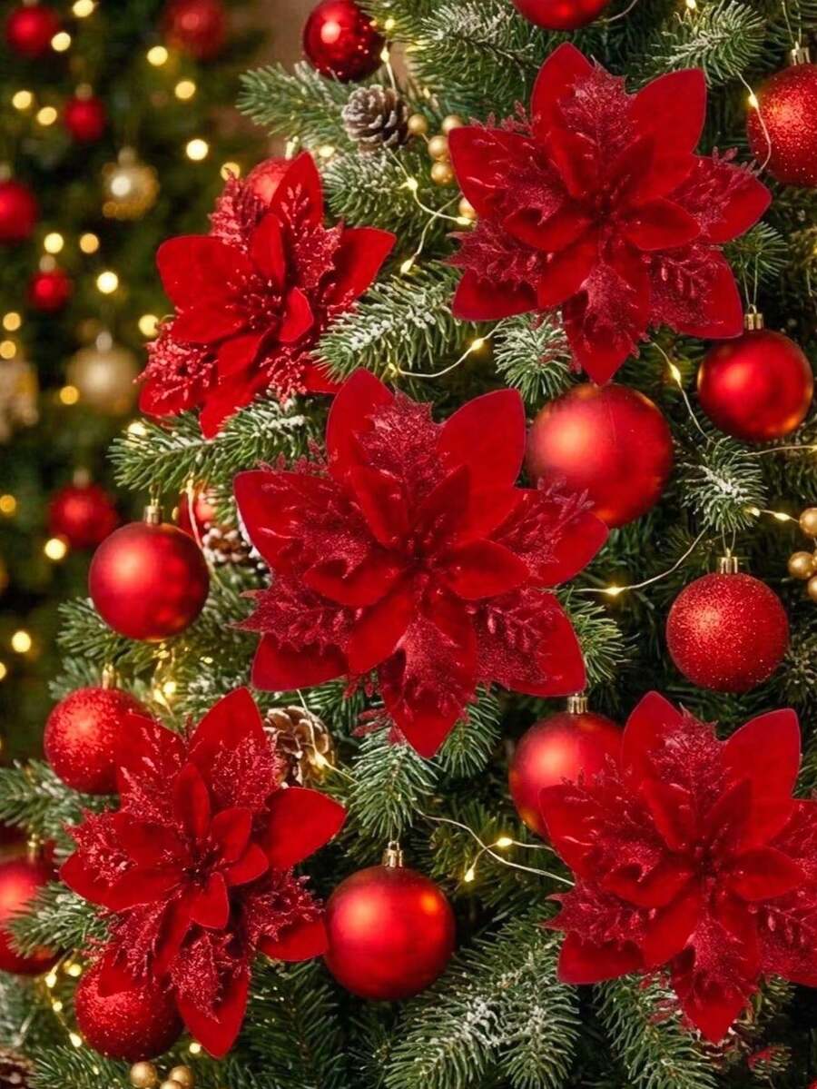 Glitter Poinsettia Christmas Tree Decoration Set - Suitable For Christmas Wreaths, Party Decor, Home Styling, Holiday Celebrations, And Gift Box Embellishments. - Dark Red - View 1