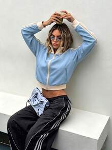 Women's Colorblock Stand Collar Zipper Long Sleeve Jacket, Embroidered Detail Side Stripe Casual Outerwear - Blue - View 3