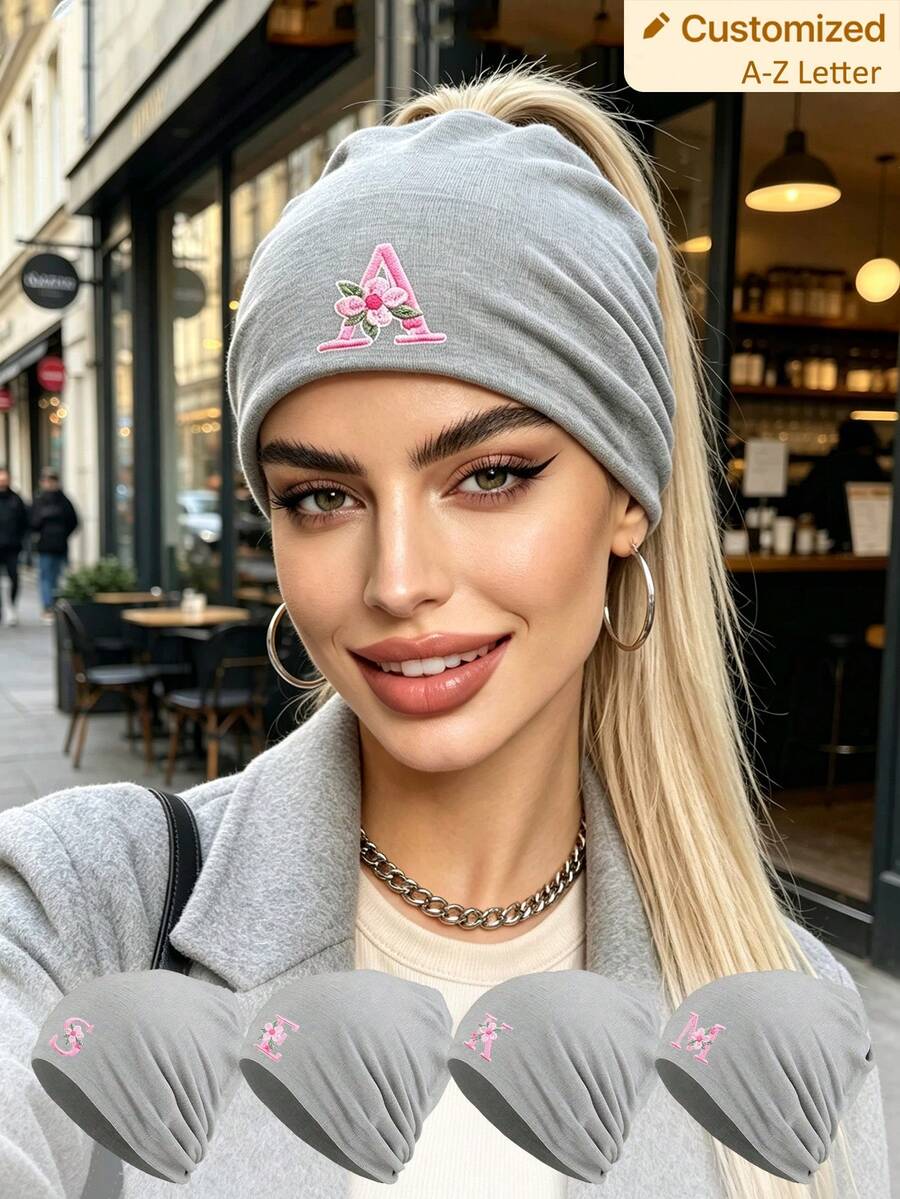 1pc Unisex A-Z Letters Thin Slouch Beanie Hat, Ponytail Design Hat For Women, ,Outdoor Skull Cap, Ideal For Spring/Autumn Streetwear - Grey - View 1