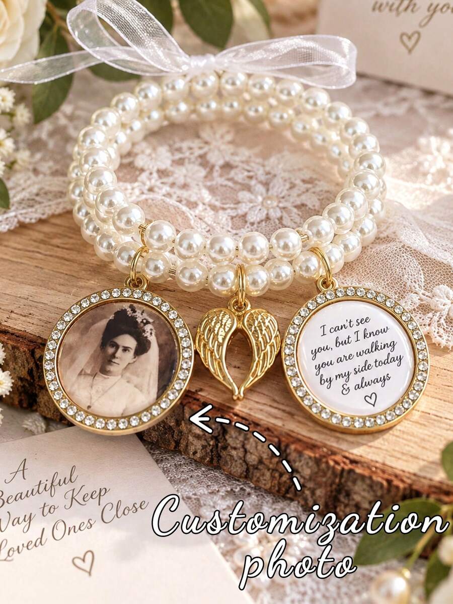 Custom Bride Bouquet Photo Pendant, Pearl Golden Sparkling Bridal Charm, Personalized Commemorative Pendant For Wedding Gift - Multicolor - View 1