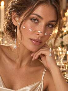 XYHEALER 1pc Pearl Face Chain For Women, Gold Tone Facial Jewelry With Teardrop Pearl Dangles, Elegant Bridal Face Accessory For Wedding Prom Party - Multicolor - View 2