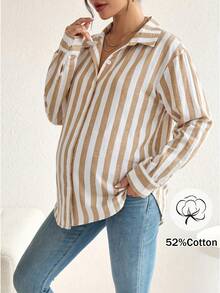 Bump Style Maternity Brown Striped Long Sleeve Button Down Shirt Jacket Loose Non-Stretch Blouse Matching Set - Brown - View 6
