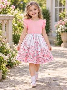 Tween Girls Elegant Floral Print Casual Cap Sleeve Ribbed Patchwork Dress, Summer - Baby Pink - View 11