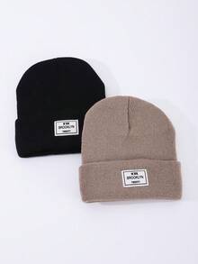 2pcs Women's Fashion Solid Color Versatile Fabric Label Beanie Knit Hat Warm Beanie Cap Suitable For Autumn/Winter Daily Wear And Travel - A - View 3