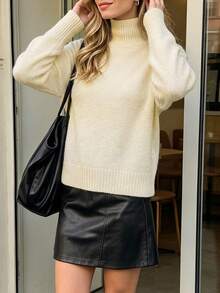 Women's Autumn/Winter Apricot High Neck Short Sweater, Long Sleeve Ribbed Knit Pullover, Suitable For Casual Daily Wear And Warm Outfits - Apricot - View 7