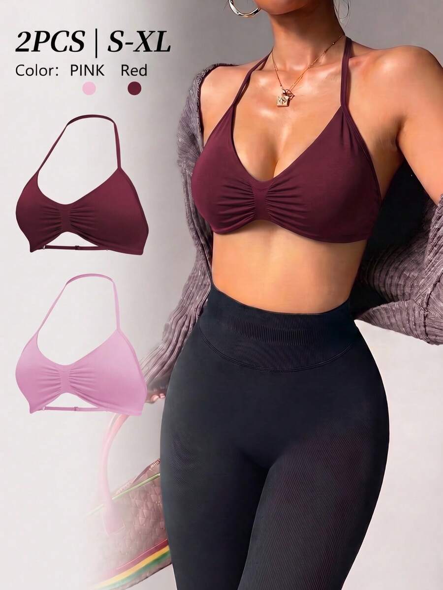 2pcs Halter V-Neck Ruched Sports Bra, Adjustable Back Buckle, High Elastic Seamless Fabric, Wire-Free Sports Support All-Match Versatile Multi-Scenario Suitable Style, Multiple Colors Available, High-Intensity Fitness Underwear - Multicolor - View 1
