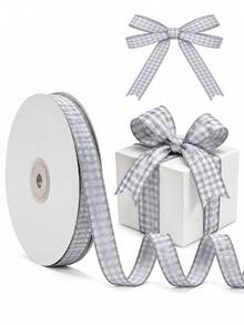 2pcs/1pc Grey & White Plaid Ribbon Bow Satin Ribbon, Plaid Fabric Handmade Ribbon Roll, Suitable For Party Decoration, Holiday Gift Wrapping, Minimalist & Elegant Creative Gift For Friends And Family - Multicolor - View 2