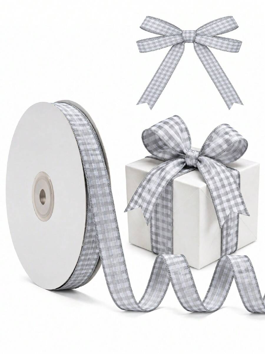 2pcs/1pc Grey & White Plaid Ribbon Bow Satin Ribbon, Plaid Fabric Handmade Ribbon Roll, Suitable For Party Decoration, Holiday Gift Wrapping, Minimalist & Elegant Creative Gift For Friends And Family