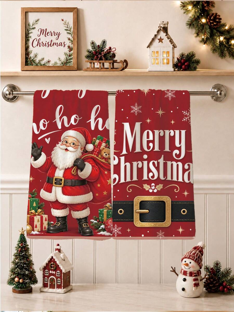 2pcs Christmas Red Santa Claus Kitchen Towels, Soft Polyester Dish Cloths, Suitable For Kitchen Decor, Kitchen Cleaning, Holiday Party Decoration, Kitchen & Bathroom Supplies, Home Essentials, Home Decor, Housewarming Gift - Multicolor - View 1