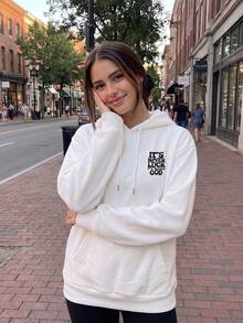 Women's White Long Sleeve Letter Print Sweatshirt Sweatshirt With Pocket Design And Ribbed Details, Suitable For Street Style Autumn Outfit - White - View 2