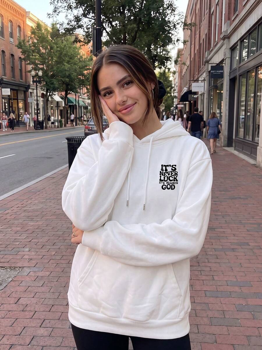 Women's White Long Sleeve Letter Print Sweatshirt Sweatshirt With Pocket Design And Ribbed Details, Suitable For Street Style Autumn Outfit - White - View 1
