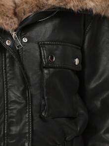 Women's Short Artificial Leather Jacket With Artificial Fur Hood, Zip Closure, Side Pockets - Black - View 5