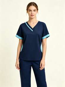 Colorblock V-Neck Short Sleeve Multi-Pocket 2 Pieces Set, Women's Professional Fashion Commuter Work Outfit, Casual Sports Set - Royal Blue - View 10