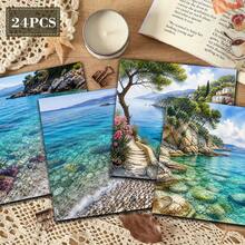 Mediterranean Coast Ocean View Scrapbook Paper 24 Sheets 6 Inch Watercolor Azure Bay Reef Pine Forest Background Paper No Repeated Patterns Suitable For Bullet Journal Junk Journal Greeting Card Background Photo Album And Handmade DIY Crafts - Square - View 3