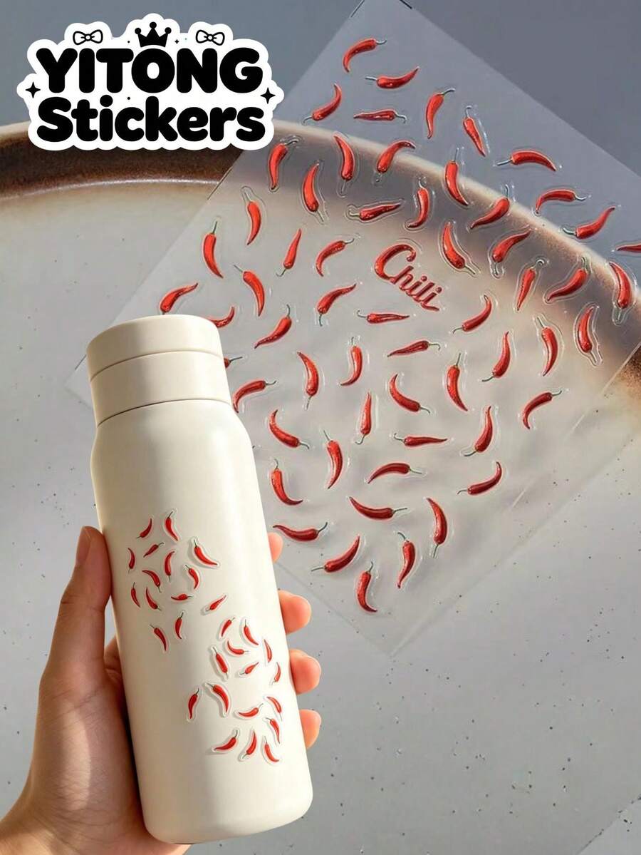 1 pièce Autocollant thème piment rouge créatif et amusant, design vif et animé, schéma de couleurs rouge vif accrocheur, motif petit et exquis, convient pour coller sur tasse à eau, tasse d'aromathérapie, cahier, coque d'appareil électronique, etc., apporte une atmosphère ludique et animée, crée facilement une décoration DIY personnalisée et unique - Autocollant piment rouge - Voir 1