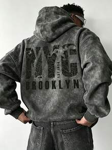 Men's Dark Grey Washed Distressed NYC Brooklyn Hoodie, Loose Fit Vintage Streetwear - Dark Grey - View 2
