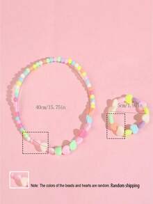 Set Perhiasan Kalung & Gelang Manik-Manik Hati Warna-warni (2pcs/Set), Hadiah Ulang Tahun Pesta Anak Perempuan yang Lucu, Cocok untuk Pemakaian Sehari-hari - Satu-Ukuran - View 3