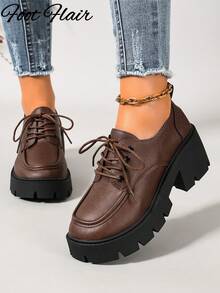 Foot Flair Women's Brown Lace-Up Round Toe Classic Versatile Shoes, Sizes 35-43 Available - Brown - View 8