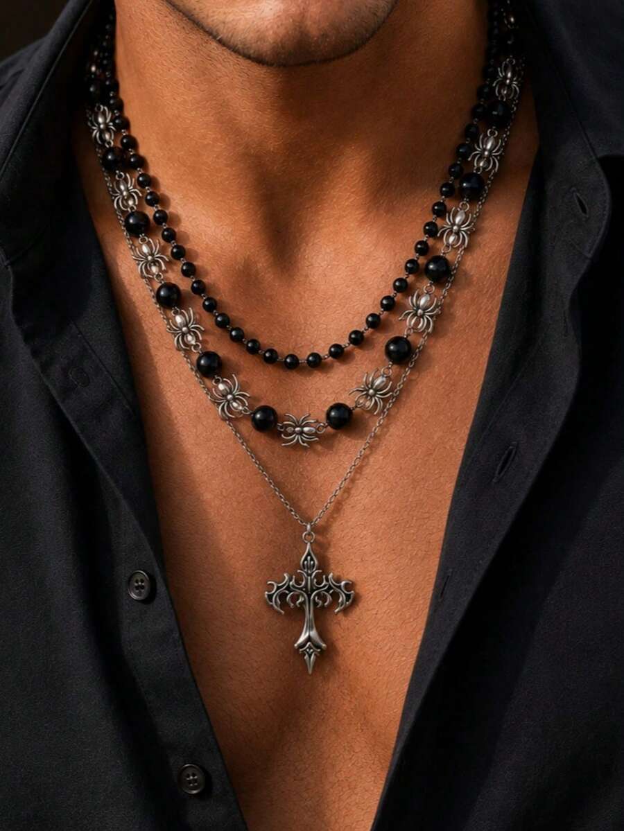 3pcs/Set Vintage Gothic Cross Necklace For Men, Black Agate Round Bead Spider Layered Set, Niche Design Men's Jewelry - White K - View 1