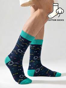 1 Pasang Kaos Kaki Boat Bermotif Molekul & Rumus Kimia yang Menarik, Manset & Ujung Kaki Warna Hijau Mint Kontras, Kaos Kaki Katun Lembut Sepanjang Betis untuk Pria - MultiWarna - View 7