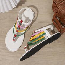 Sandal Datar Roman Tenun Bohemian Musim Panas Wanita dengan Hiasan Berlian Imitasi, Sepatu Serbaguna Gaya Liburan Kasual - Putih - View 7