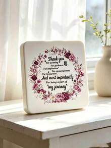Square Rounded White Textured Thanksgiving Theme Desktop Decor, Burgundy Rose Wreath Surrounding English "Thank You" Heartwarming Gratitude Quote, Blue Butterfly Accented Decorative Pattern, Home Desktop Display Craft, Desk, Vanity, Bedside Table, Shelf, Windowsill Surface Placement Decoration, Thoughtful Gift For Teachers, Mentors, Colleagues, Elders, Heartwarming Commemorative Gift - A - View 1