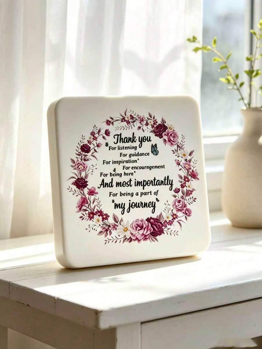 Square Rounded White Textured Thanksgiving Theme Desktop Decor, Burgundy Rose Wreath Surrounding English "Thank You" Heartwarming Gratitude Quote, Blue Butterfly Accented Decorative Pattern, Home Desktop Display Craft, Desk, Vanity, Bedside Table, Shelf, Windowsill Surface Placement Decoration, Thoughtful Gift For Teachers, Mentors, Colleagues, Elders, Heartwarming Commemorative Gift - A - View 1
