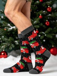 1 Pair Of Christmas Holiday Crew Sock,Santa Red Truck Christmas Tree Snowflake Pattern,Warm Soft Breathable Fall Winter Wear,Gift For Men Women - Multicolor - View 4