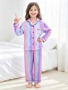 青少年女孩粉紫色藍色條紋長袖長褲睡衣兩件套 - 彩色 - 查看 6