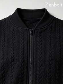 Zenbolt Men's Cable Knit Zipper Front Bomber Jacket,Urban Full Zip Sweater Jacket In Solid Black For Men,Long Sleeves Perfect For Everyday Layering - Black - View 7